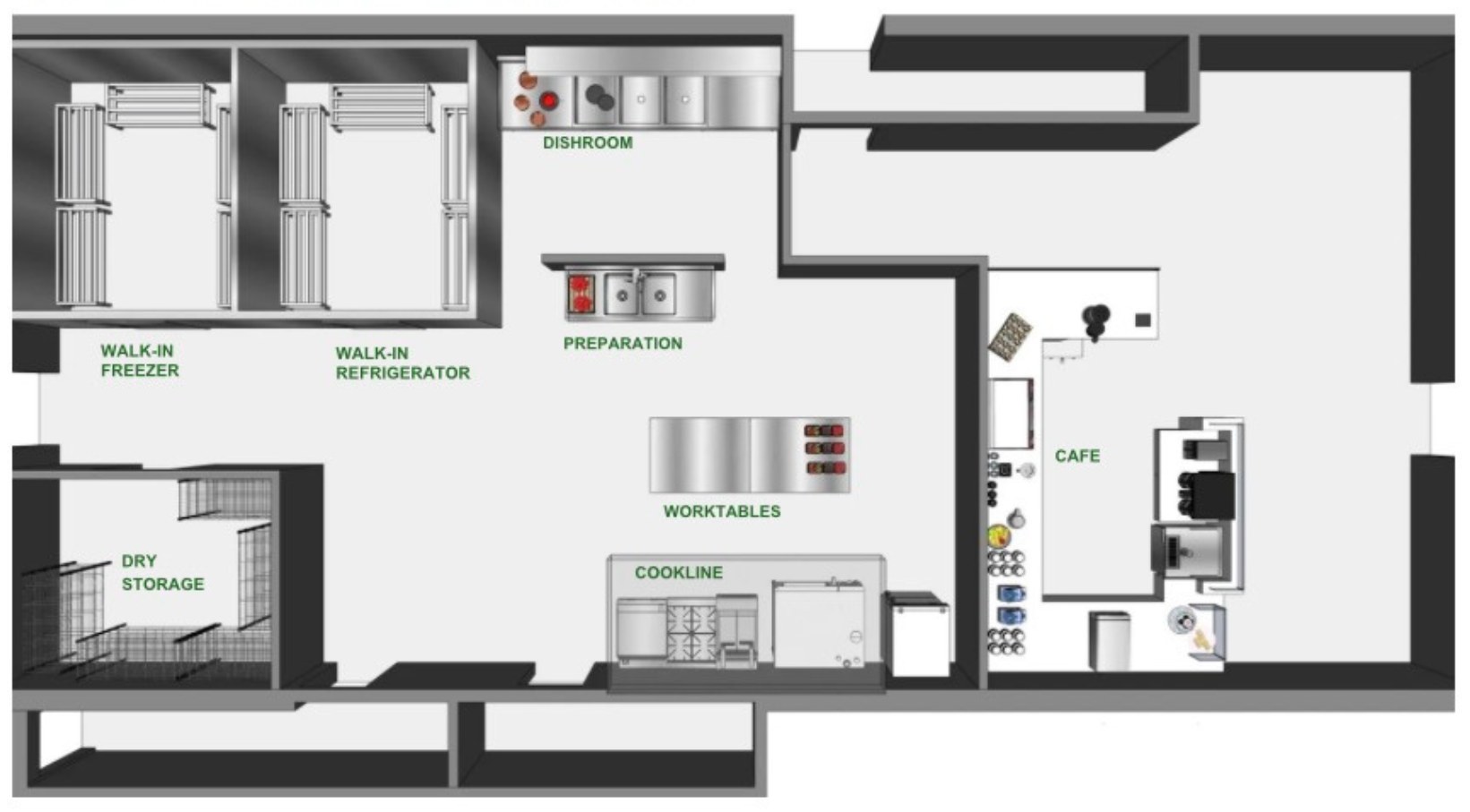 Rendering of a planned AfriThrive facility showing a walk-in freezer, walk-in refrigerator, dry storage, preparation area, cookline and cafe