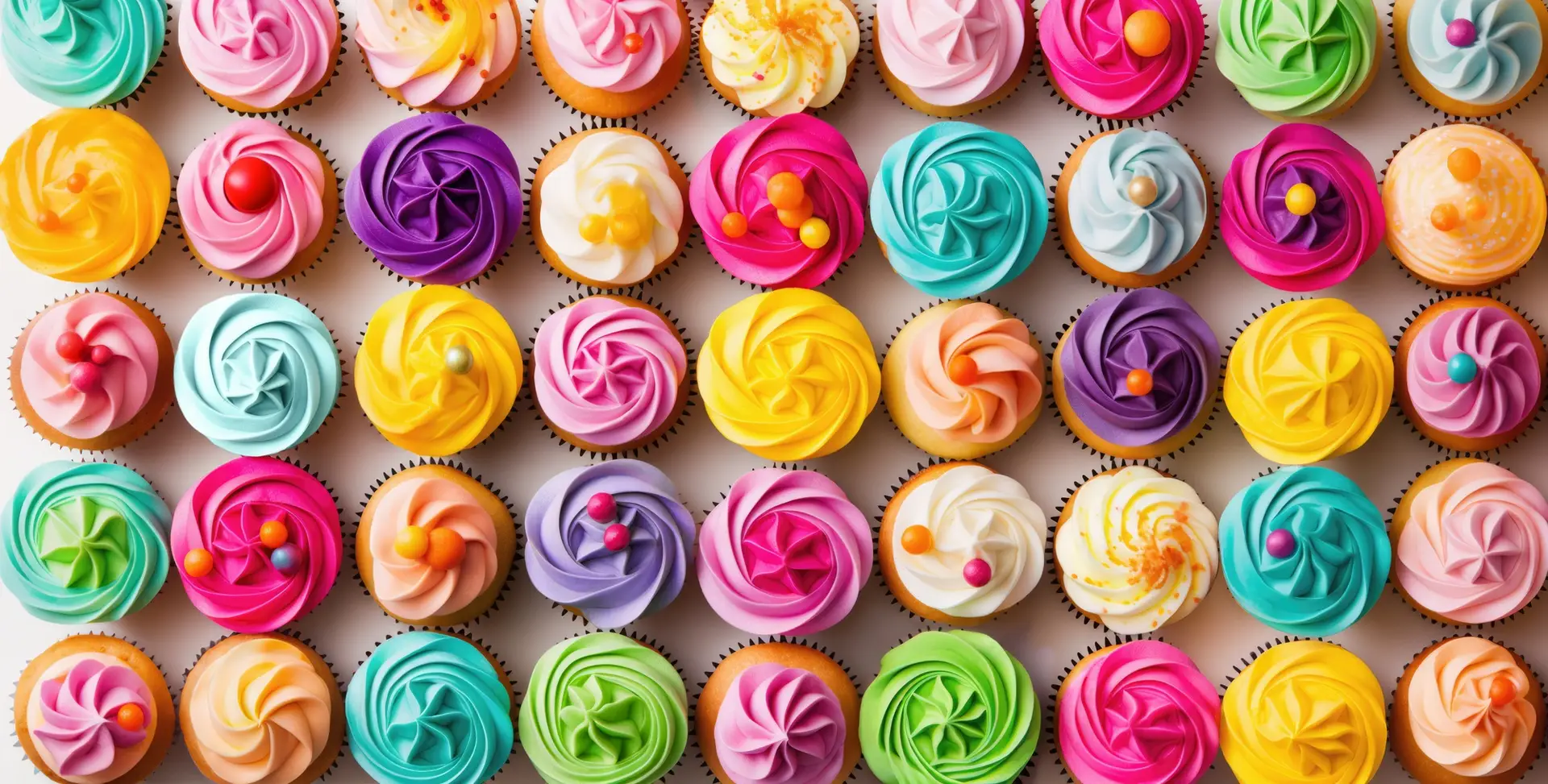 Assortment of brightly colored cupcakes, overhead view