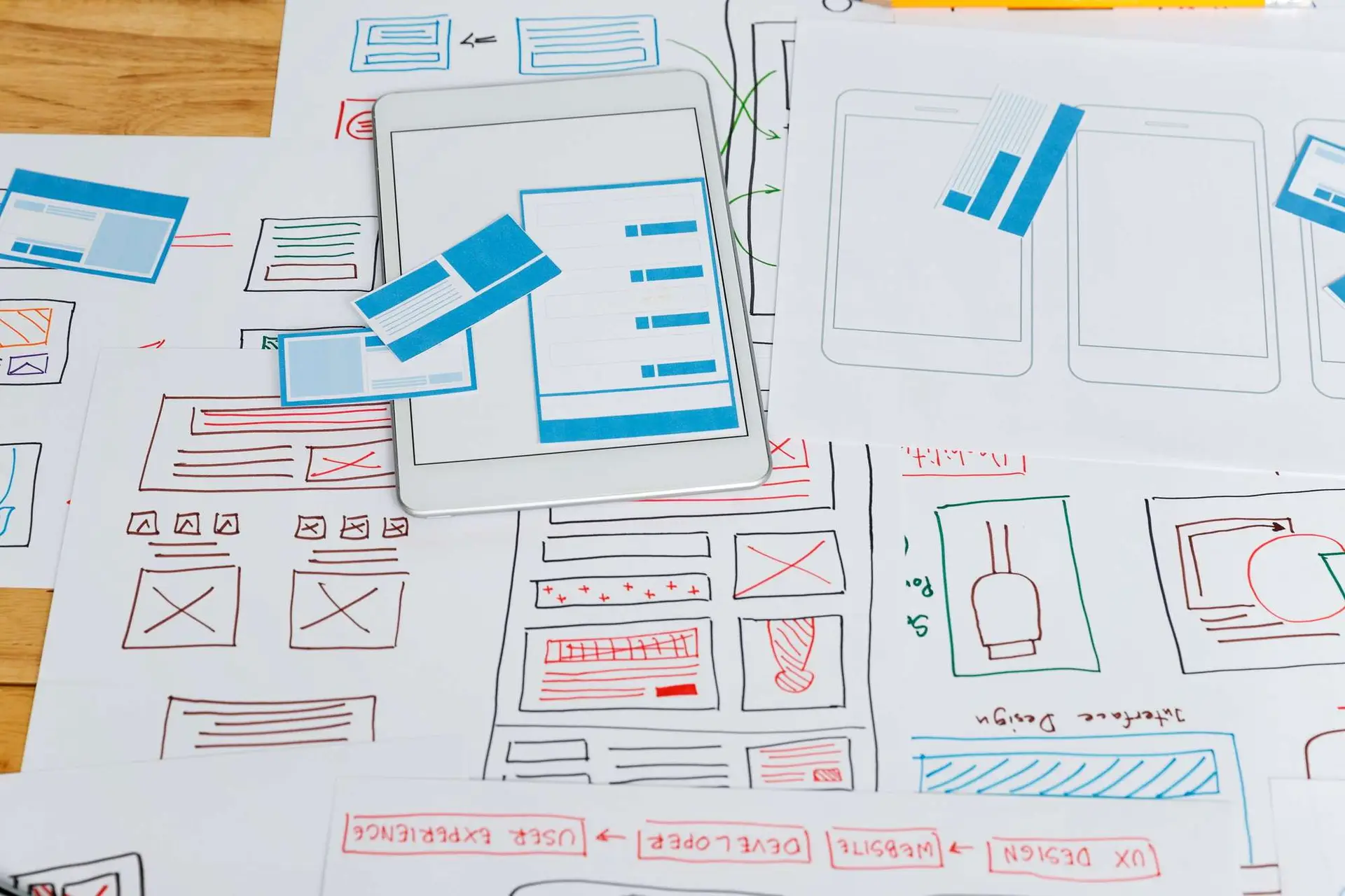 Top view of Creative flat lay UX designer working space and smartphone application layout prototype.