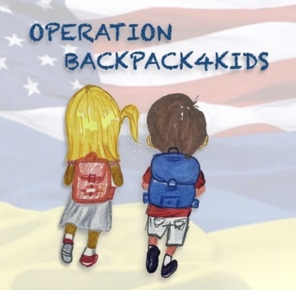 Hand-drawn artwork of two children with backpacks walking toward a faded flag, titled Operation Backpack4Kids