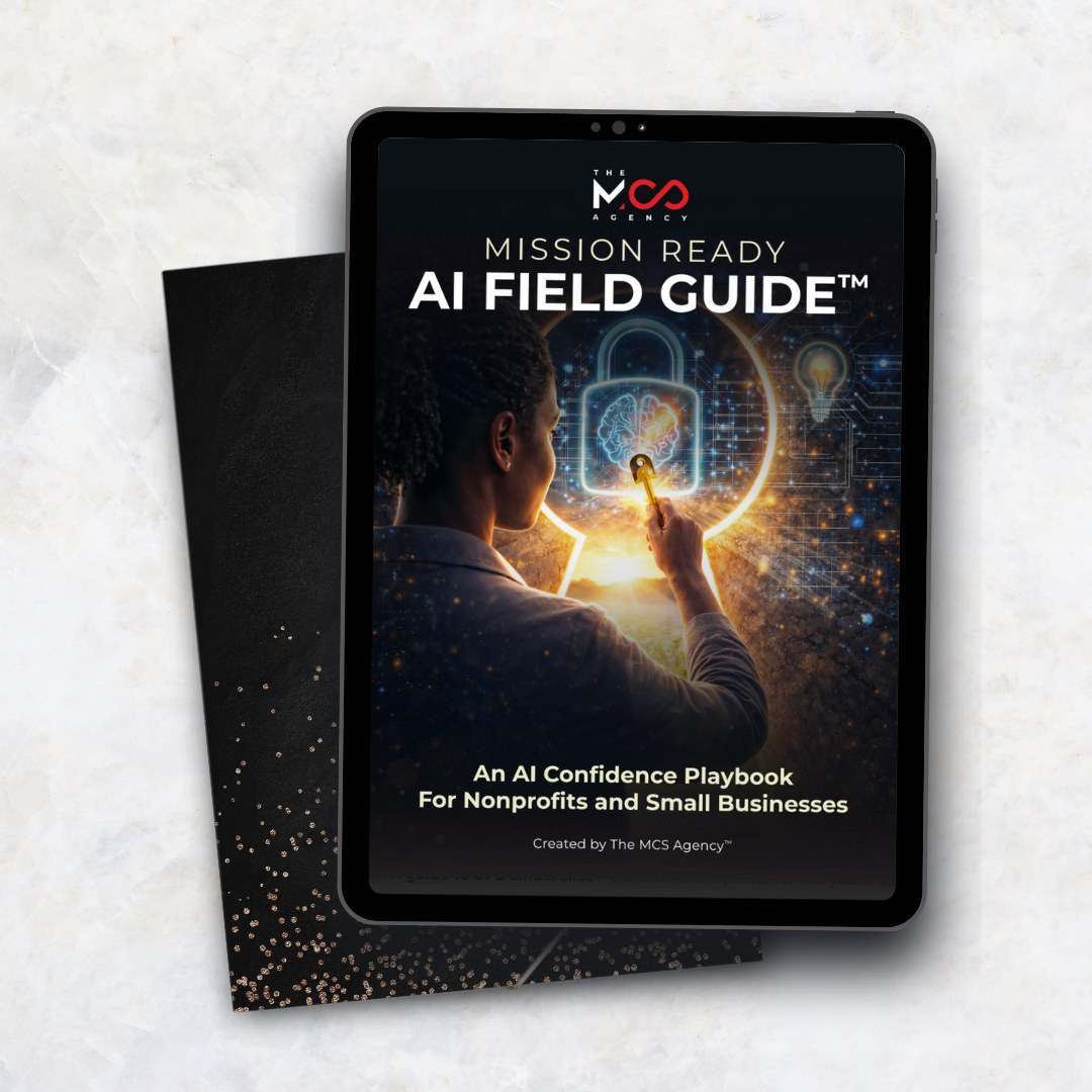 Mission Ready AI Field Guide cover shown on a tablet: a woman holding a golden key to a glowing padlock, with the title and the tagline An AI Confidence Playbook for Nonprofits and Small Businesses