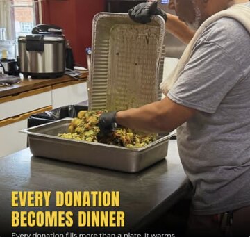A volunteer serving from a full steam tray, with the headline Every donation becomes dinner