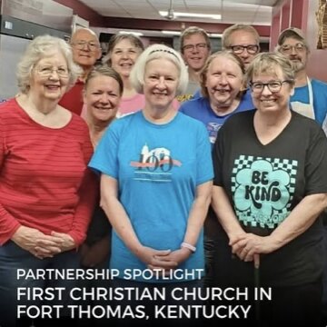 A group of church volunteers smiling together, captioned Partnership spotlight: First Christian Church in Fort Thomas, Kentucky
