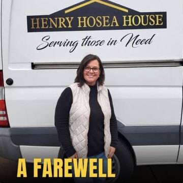 A staff member standing in front of the Henry Hosea House van, which reads Serving those in need, with the headline A farewell
