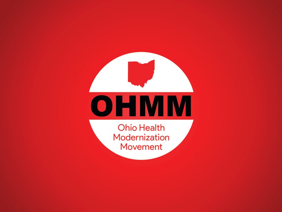 Cover of the OHMM brand style guide, a white circular logo with the outline of Ohio on a red background
