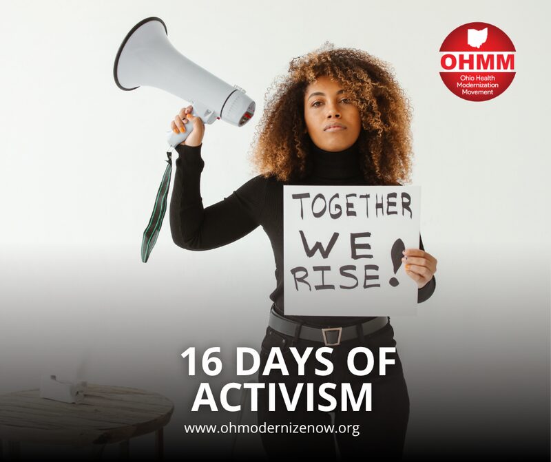 A social post showing a woman with a megaphone and a sign reading Together we rise, titled 16 Days of Activism