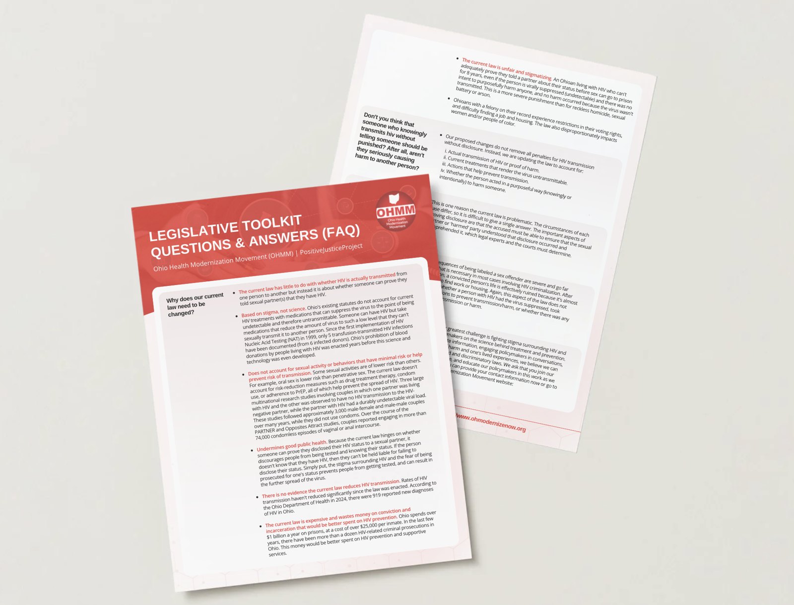 Two pages of the OHMM legislative toolkit, a question-and-answer guide with a red header and the OHMM logo