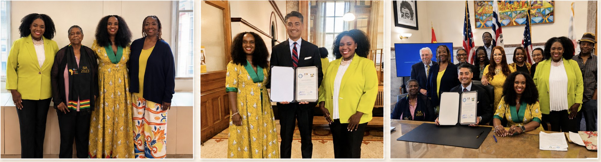 Three photographs from the Cincinnati-Harare Sister City Partnership proclamation signing: four women posing together, a proclamation held between two women and a man, and a group gathered around a signing table