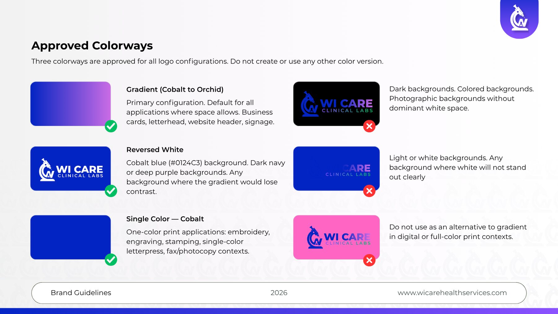 Brand guidelines page titled Approved Colorways, showing the gradient, reversed white and single cobalt versions of the logo alongside examples of incorrect use