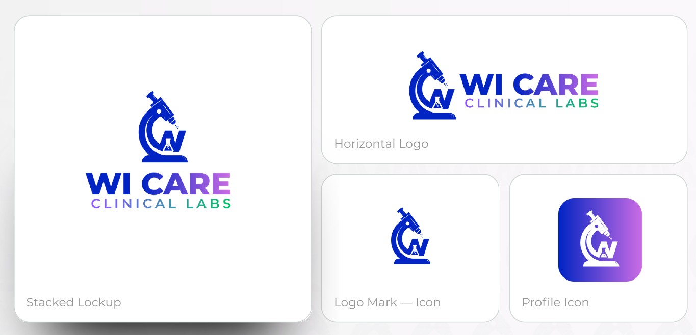 The Wi Care Clinical Labs logo system in its cobalt-to-orchid gradient: stacked and horizontal lockups, an icon and a profile icon