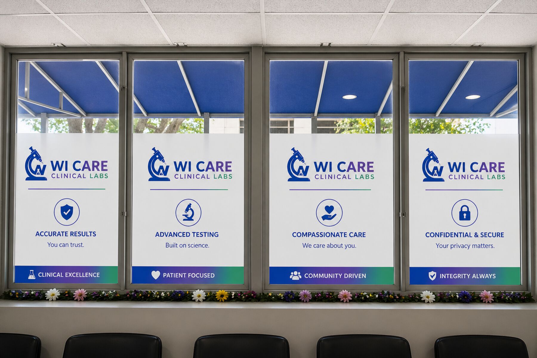 Wi Care Clinical Labs window graphics in a waiting room, each panel showing the logo and a brand value