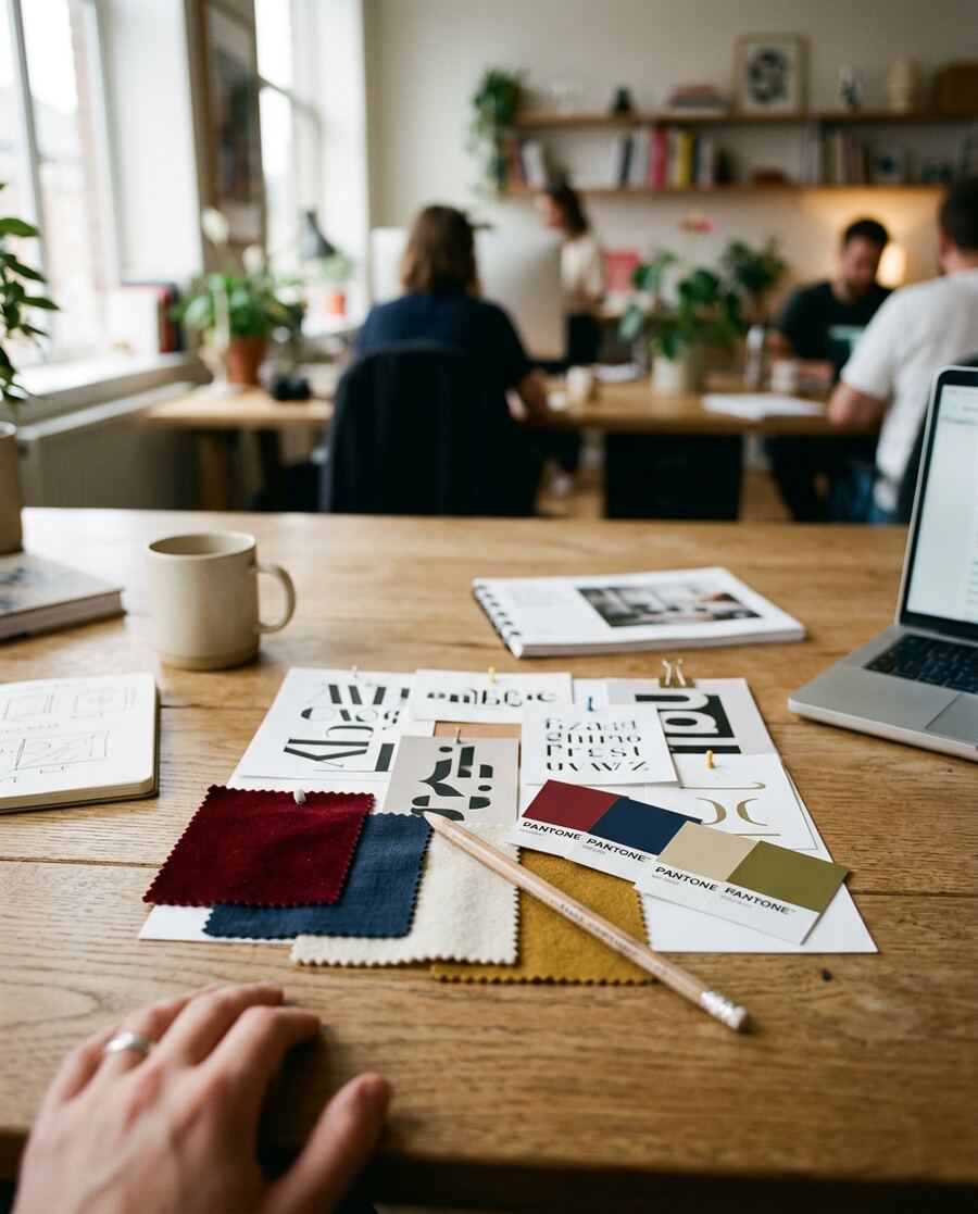 A brand mood board of fabric swatches, color chips and typography samples in deep red, navy and cream on a desk