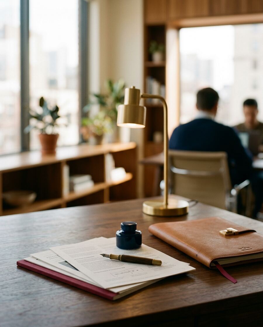Printed documents, a fountain pen and a leather folder under a brass desk lamp